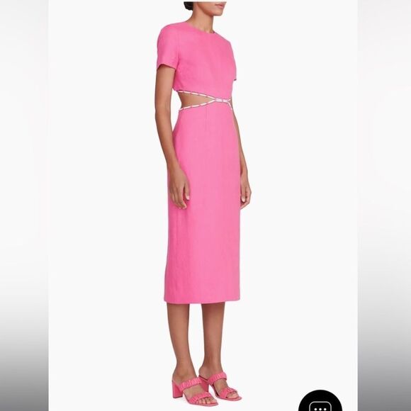 STAUD MATTEO DRESS Pink Cut Out with white piping midi linen dress Size 10 - Picture 1 of 14